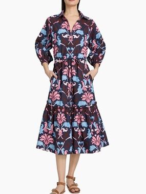 NWT Cara Cara Hutton Dress Fleur Crest Navy Pockets Size Small Retail $595